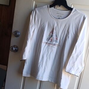 Alfred Dunner White Long-Sleeve Tee with Beaded Sailboat